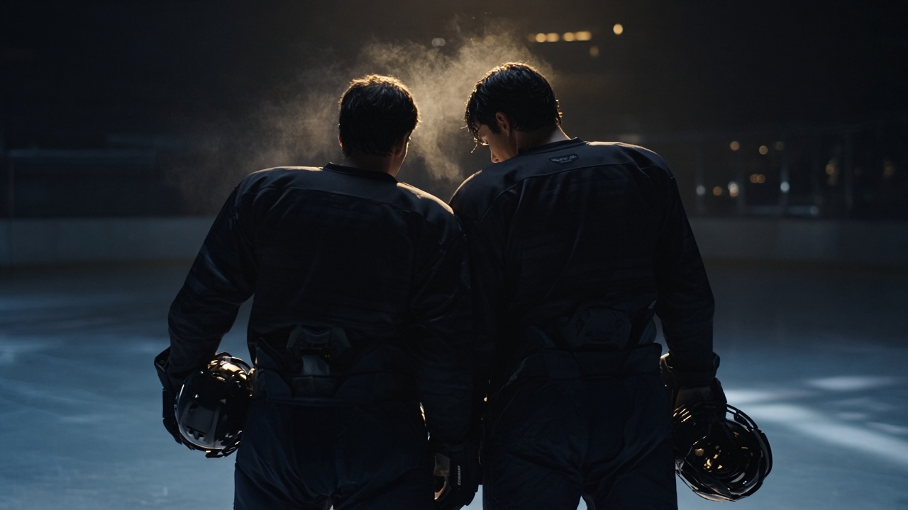 Two hockey players stand close on an empty rink at night, faces turned away.