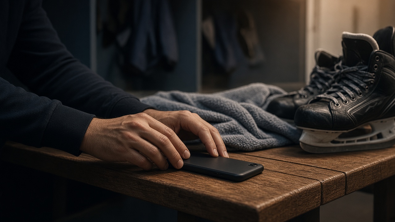 A hand rests on a face-down phone beside hockey skates in a locker room.