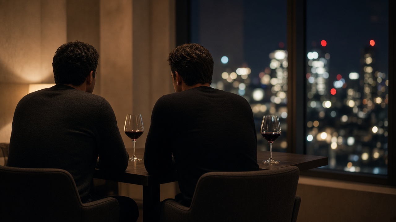 Two men sit with their backs to the camera at a quiet table above a city at night.
